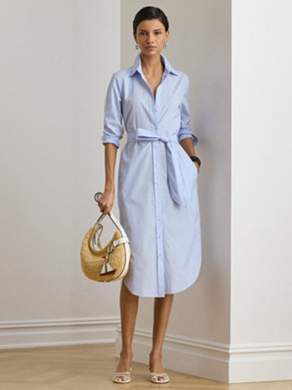 Lauren Ralph Lauren End On End Long Sleeve Cotton Shirtdress Pockets Belt